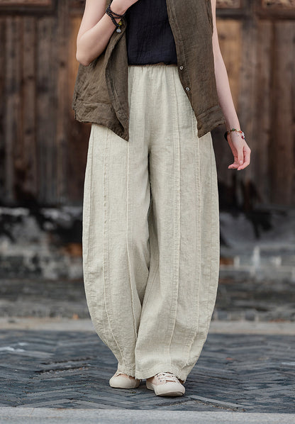 2025 Spring Summer New Linen Women Pants, Ramie Blend Brushed Wide-Leg Lantern Pants, Boho Retro Loose Culottes