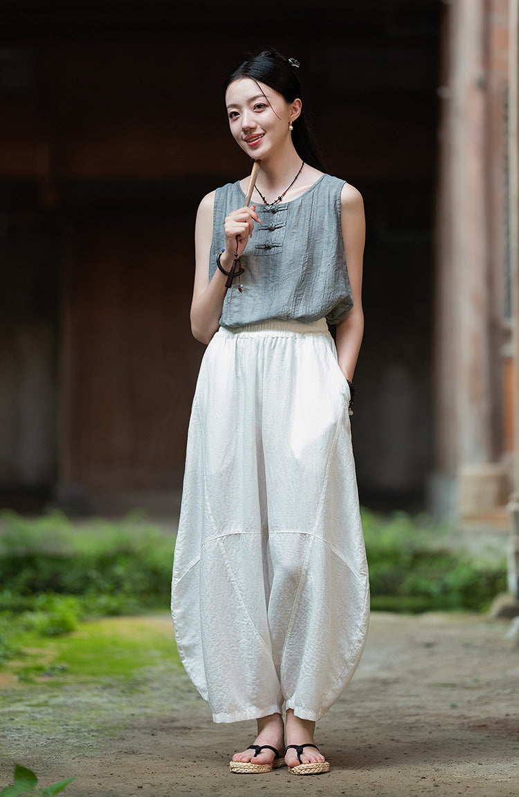 2025 Summer New Retro Zen Casual Pants Women – Linen & Tencel Washed High Waist Wide Leg Culottes for Meditation & Lounge