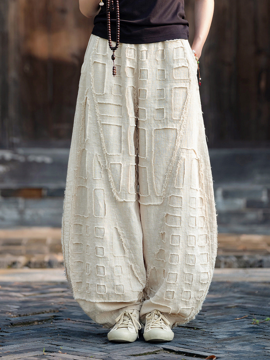2025 Spring/Summer Original Linen Patchwork Natural Frayed Hem Meditation Harem Pants – Unisex Loose Boho Pants