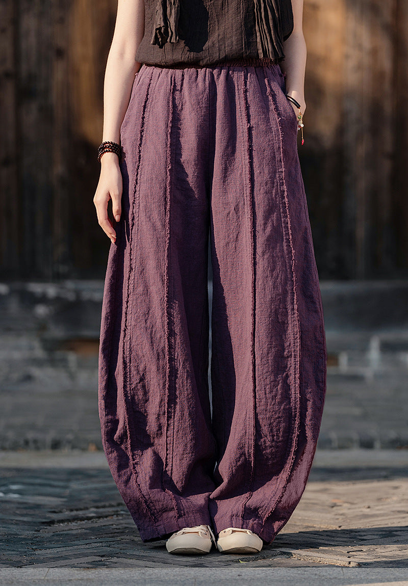 2025 Spring Summer New Linen Women Pants, Ramie Blend Brushed Wide-Leg Lantern Pants, Boho Retro Loose Culottes