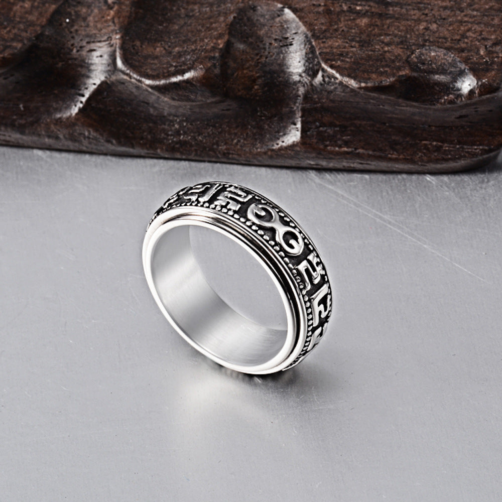 Vintage Titanium Steel Six Sacred Syllables Meditation Spinner Ring | Rotatable Mantra Ring for Anxiety Relief & Better Sleep (Unisex)