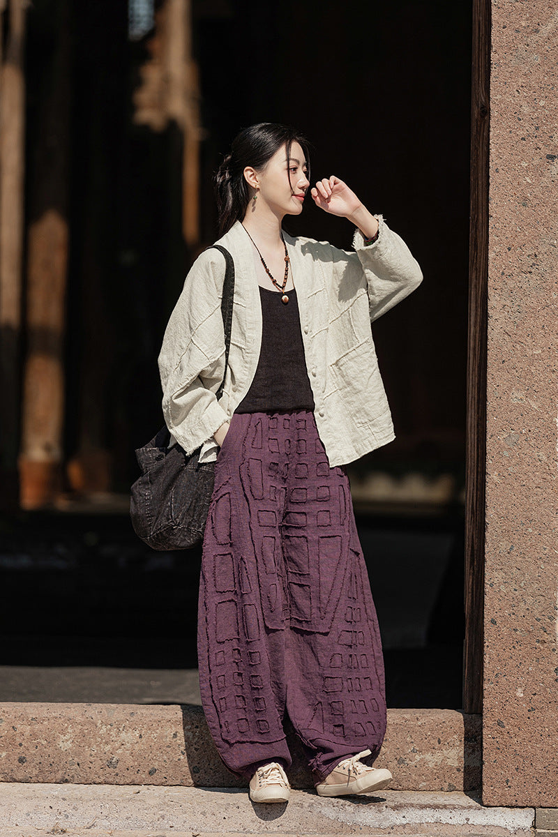 2025 Spring/Summer Original Linen Patchwork Natural Frayed Hem Meditation Harem Pants – Unisex Loose Boho Pants