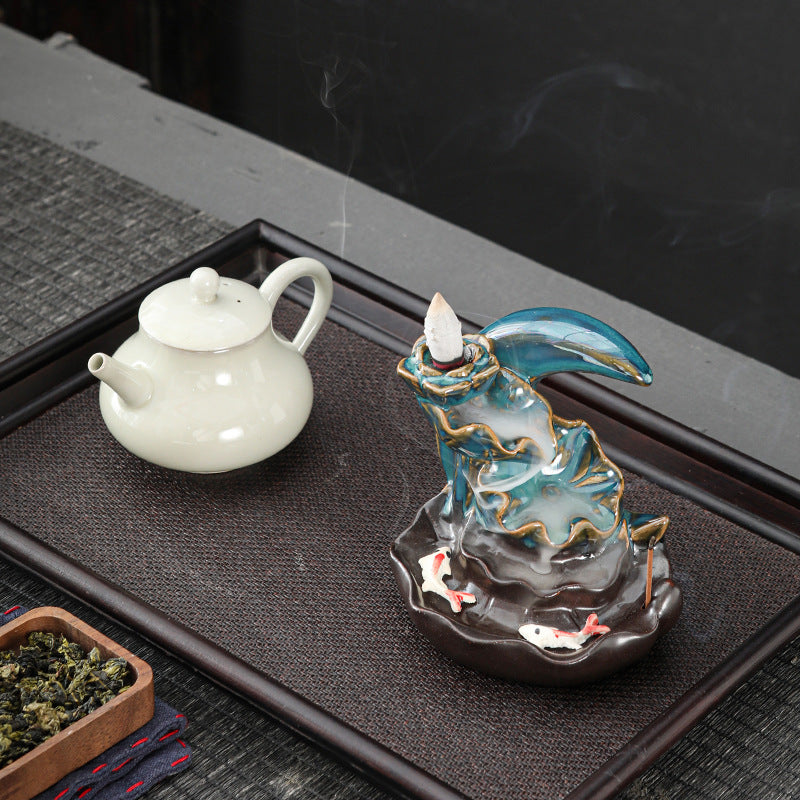 Ceramic Backflow Incense Burner – Handmade Zen Double Fish Design, Reflow Incense Holder for Home Decor, Meditation