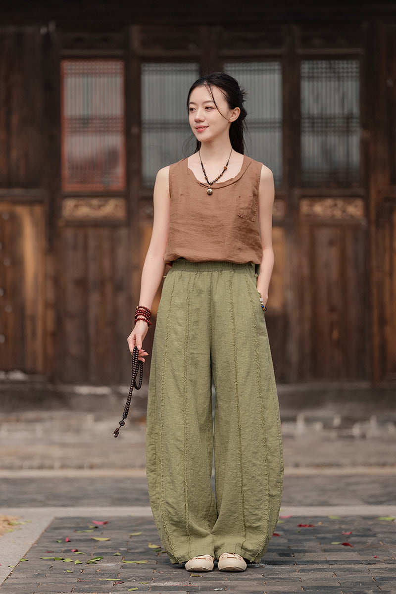 2025 Spring Summer New Linen Women Pants, Ramie Blend Brushed Wide-Leg Lantern Pants, Boho Retro Loose Culottes