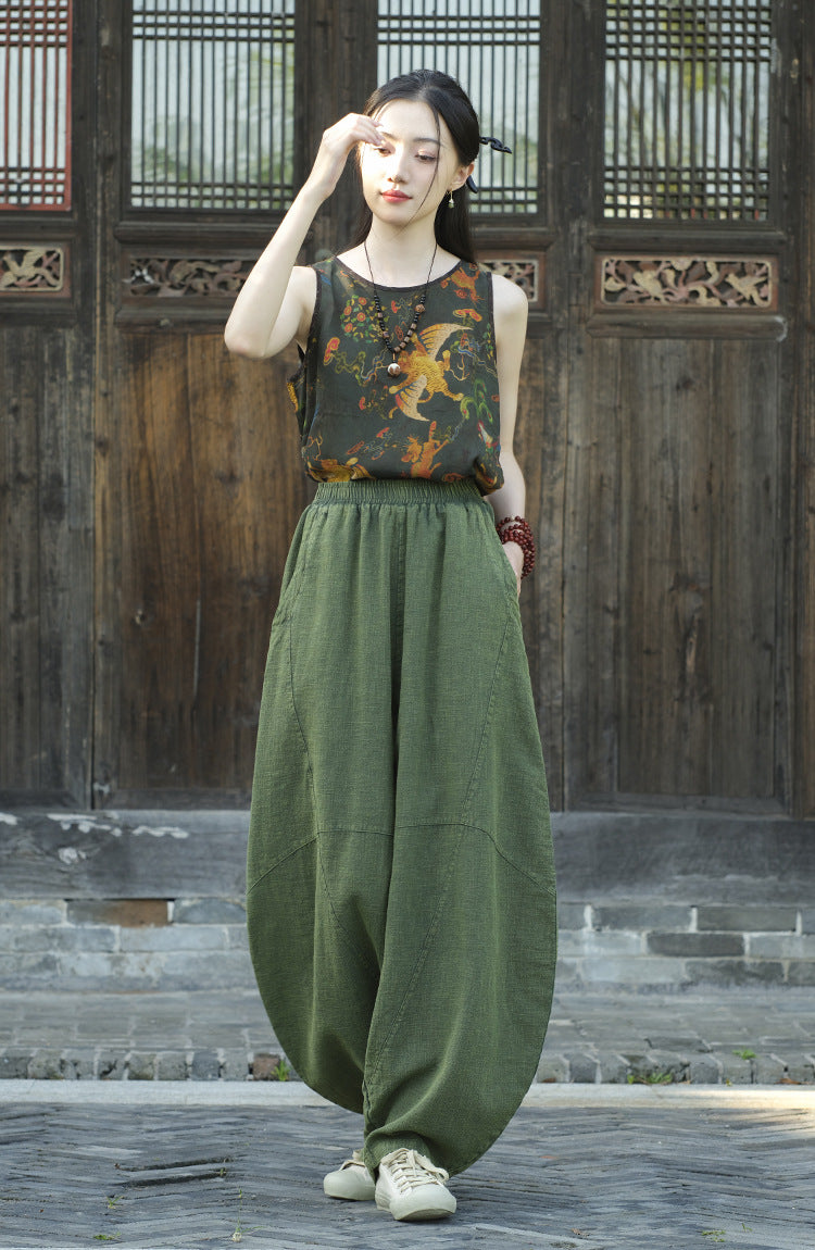 Ramie Sand-Washed Vintage Loose Bohemian Pants Women's Harem Pants – Cotton Linen Meditation Yoga Tai Chi Pants