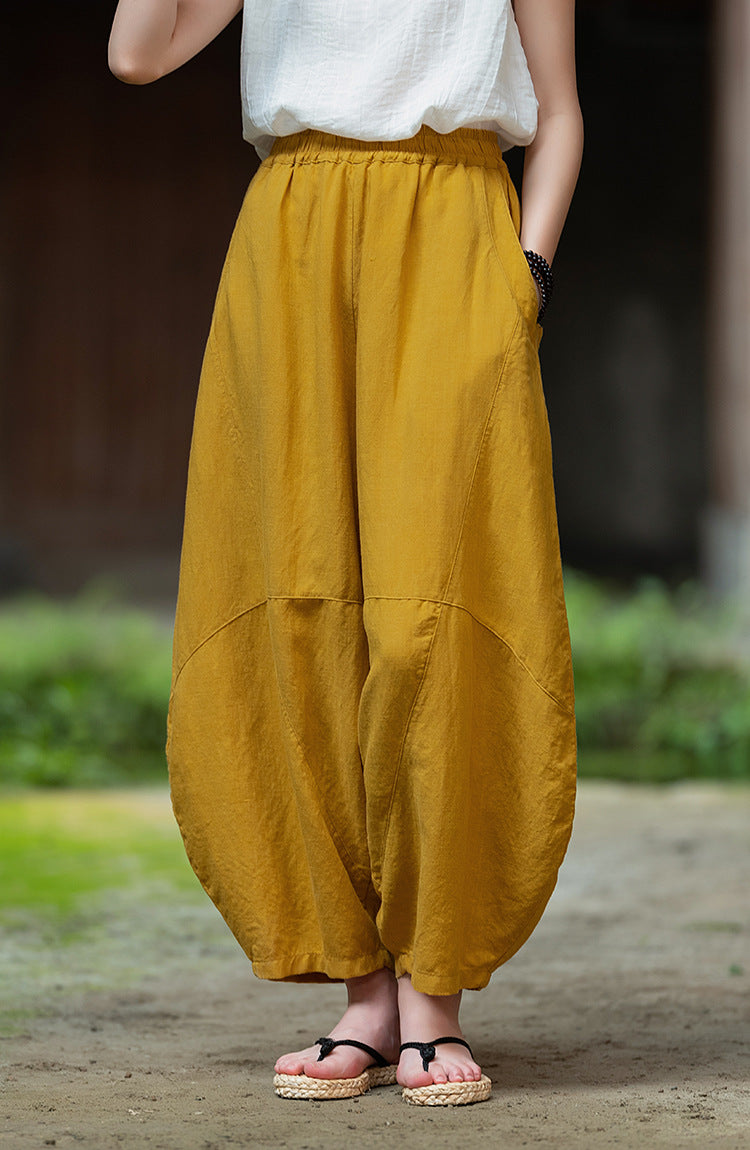 2025 Summer New Retro Zen Casual Pants Women – Linen & Tencel Washed High Waist Wide Leg Culottes for Meditation & Lounge