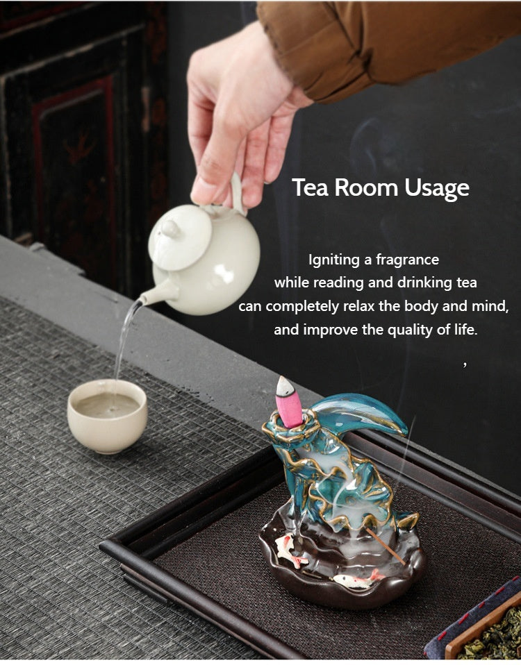 Ceramic Backflow Incense Burner – Handmade Zen Double Fish Design, Reflow Incense Holder for Home Decor, Meditation