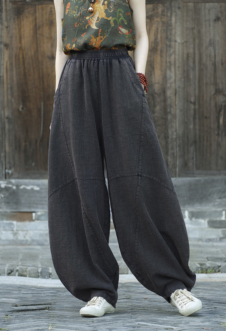 Ramie Sand-Washed Vintage Loose Bohemian Pants Women's Harem Pants – Cotton Linen Meditation Yoga Tai Chi Pants