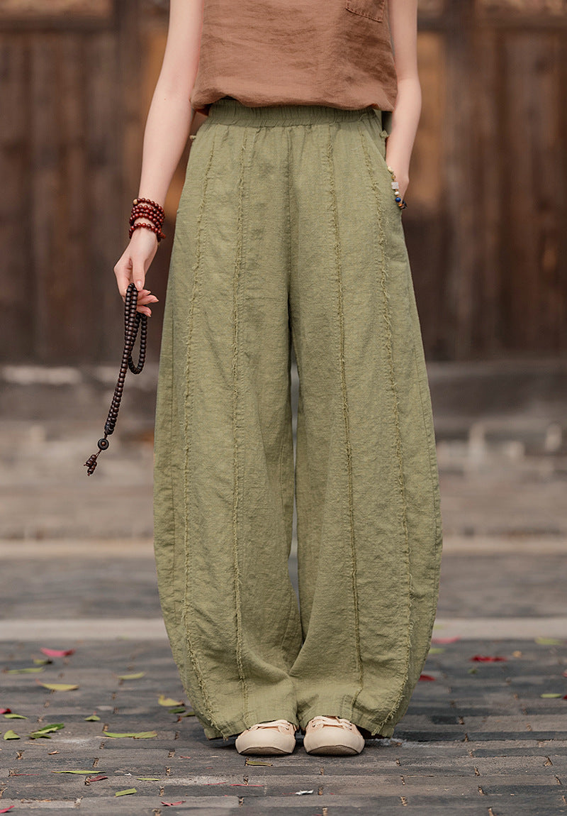 2025 Spring Summer New Linen Women Pants, Ramie Blend Brushed Wide-Leg Lantern Pants, Boho Retro Loose Culottes