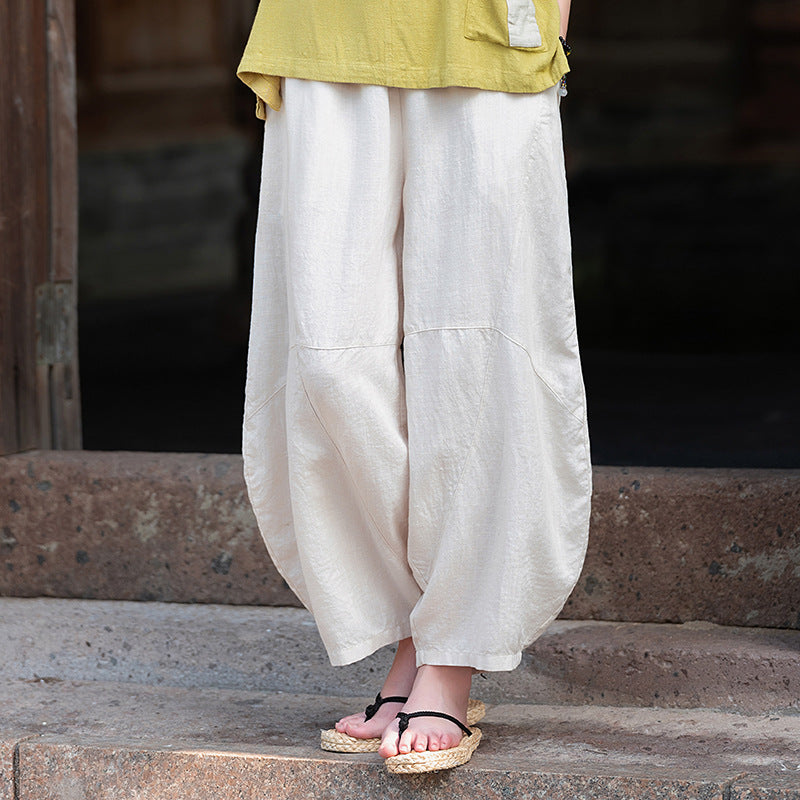 2025 Summer New Retro Zen Casual Pants Women – Linen & Tencel Washed High Waist Wide Leg Culottes for Meditation & Lounge