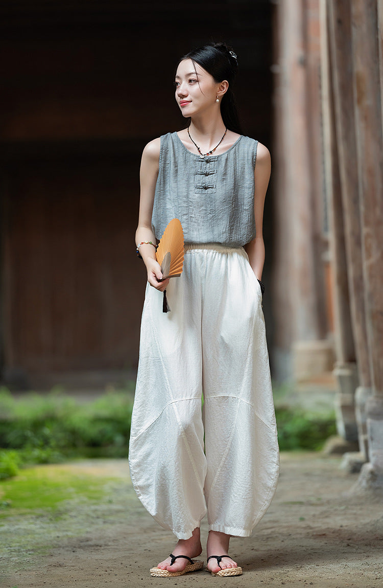 2025 Summer New Retro Zen Casual Pants Women – Linen & Tencel Washed High Waist Wide Leg Culottes for Meditation & Lounge