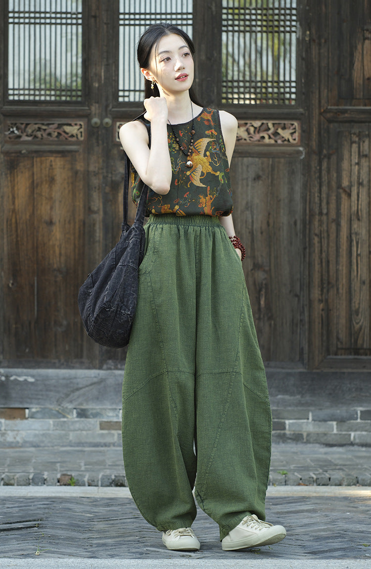 Ramie Sand-Washed Vintage Loose Bohemian Pants Women's Harem Pants – Cotton Linen Meditation Yoga Tai Chi Pants