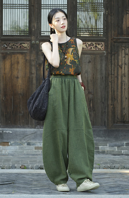 Ramie Sand-Washed Vintage Loose Bohemian Pants Women's Harem Pants – Cotton Linen Meditation Yoga Tai Chi Pants