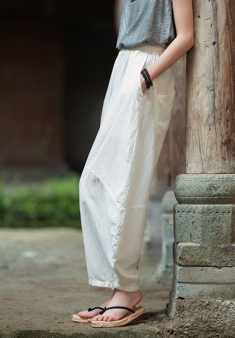 2025 Summer New Retro Zen Casual Pants Women – Linen & Tencel Washed High Waist Wide Leg Culottes for Meditation & Lounge