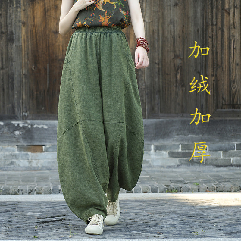 Ramie Sand-Washed Vintage Loose Bohemian Pants Women's Harem Pants – Cotton Linen Meditation Yoga Tai Chi Pants