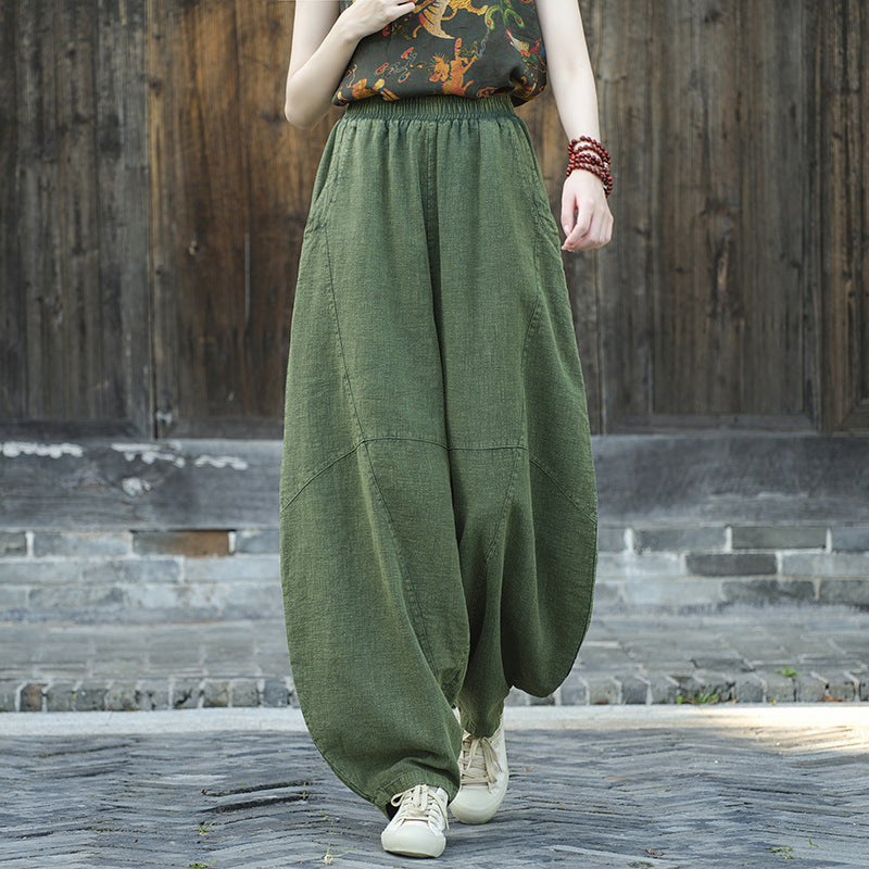 Ramie Sand-Washed Vintage Loose Bohemian Pants Women's Harem Pants – Cotton Linen Meditation Yoga Tai Chi Pants