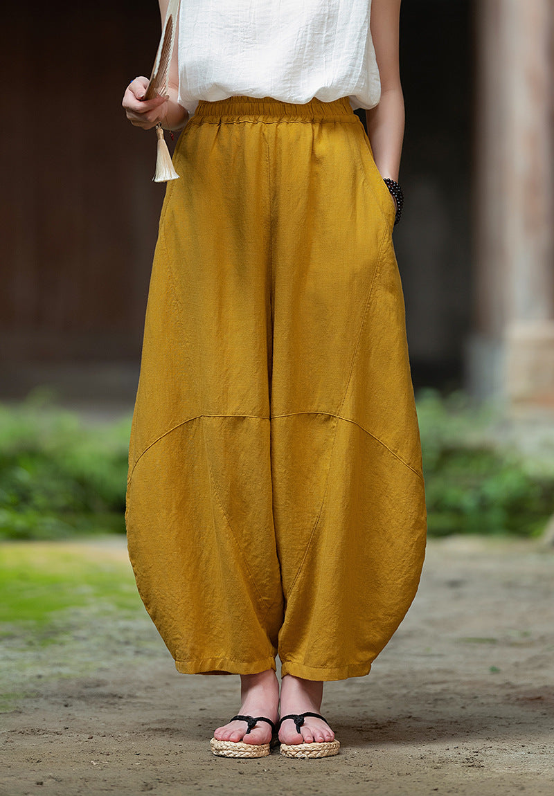 2025 Summer New Retro Zen Casual Pants Women – Linen & Tencel Washed High Waist Wide Leg Culottes for Meditation & Lounge