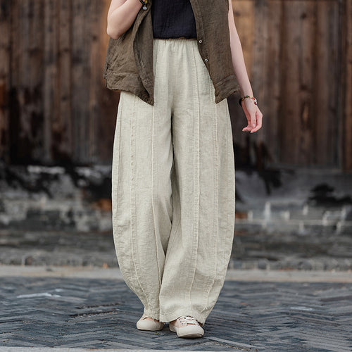 2025 Spring Summer New Linen Women Pants, Ramie Blend Brushed Wide-Leg Lantern Pants, Boho Retro Loose Culottes