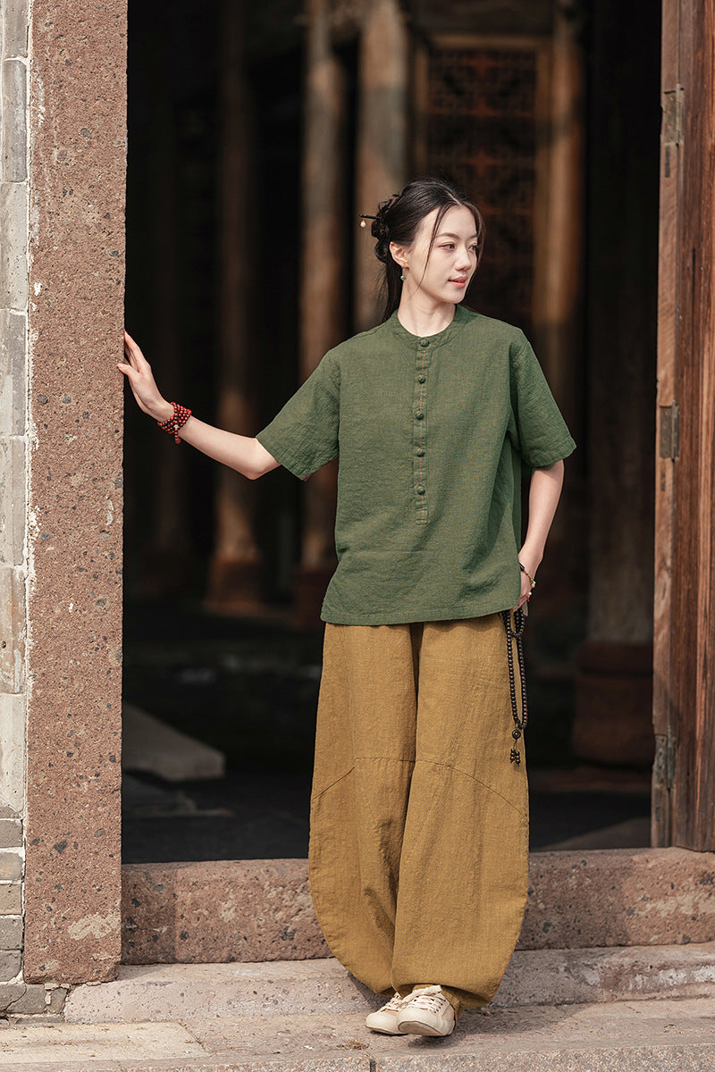 Ramie Sand-Washed Vintage Loose Bohemian Pants Women's Harem Pants – Cotton Linen Meditation Yoga Tai Chi Pants