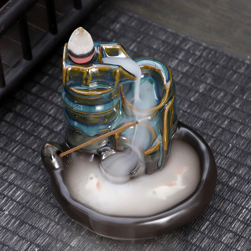 Ceramic Backflow Incense Burner – Handmade Zen Double Fish Design, Reflow Incense Holder for Home Decor, Meditation