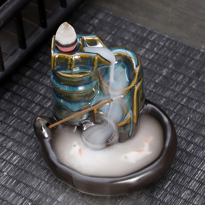 Ceramic Backflow Incense Burner – Handmade Zen Double Fish Design, Reflow Incense Holder for Home Decor, Meditation