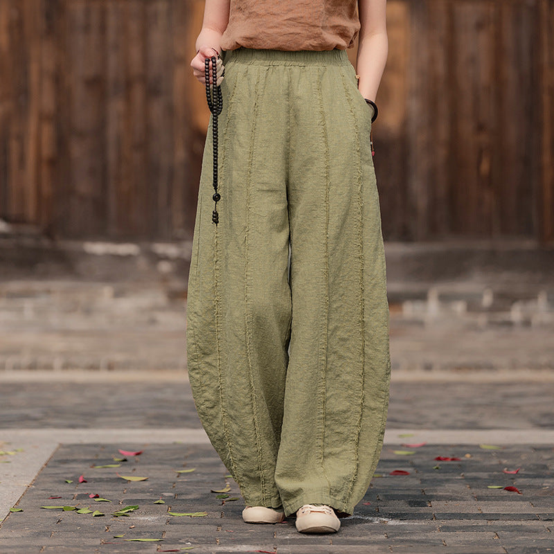 2025 Spring Summer New Linen Women Pants, Ramie Blend Brushed Wide-Leg Lantern Pants, Boho Retro Loose Culottes