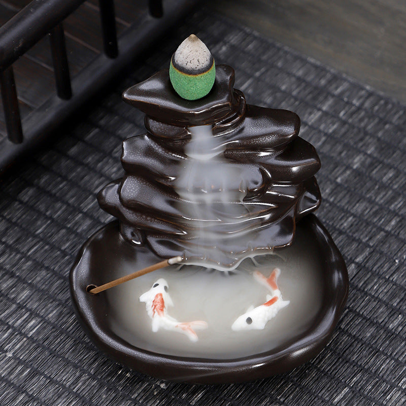 Ceramic Backflow Incense Burner – Handmade Zen Double Fish Design, Reflow Incense Holder for Home Decor, Meditation