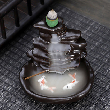 Ceramic Backflow Incense Burner – Handmade Zen Double Fish Design, Reflow Incense Holder for Home Decor, Meditation