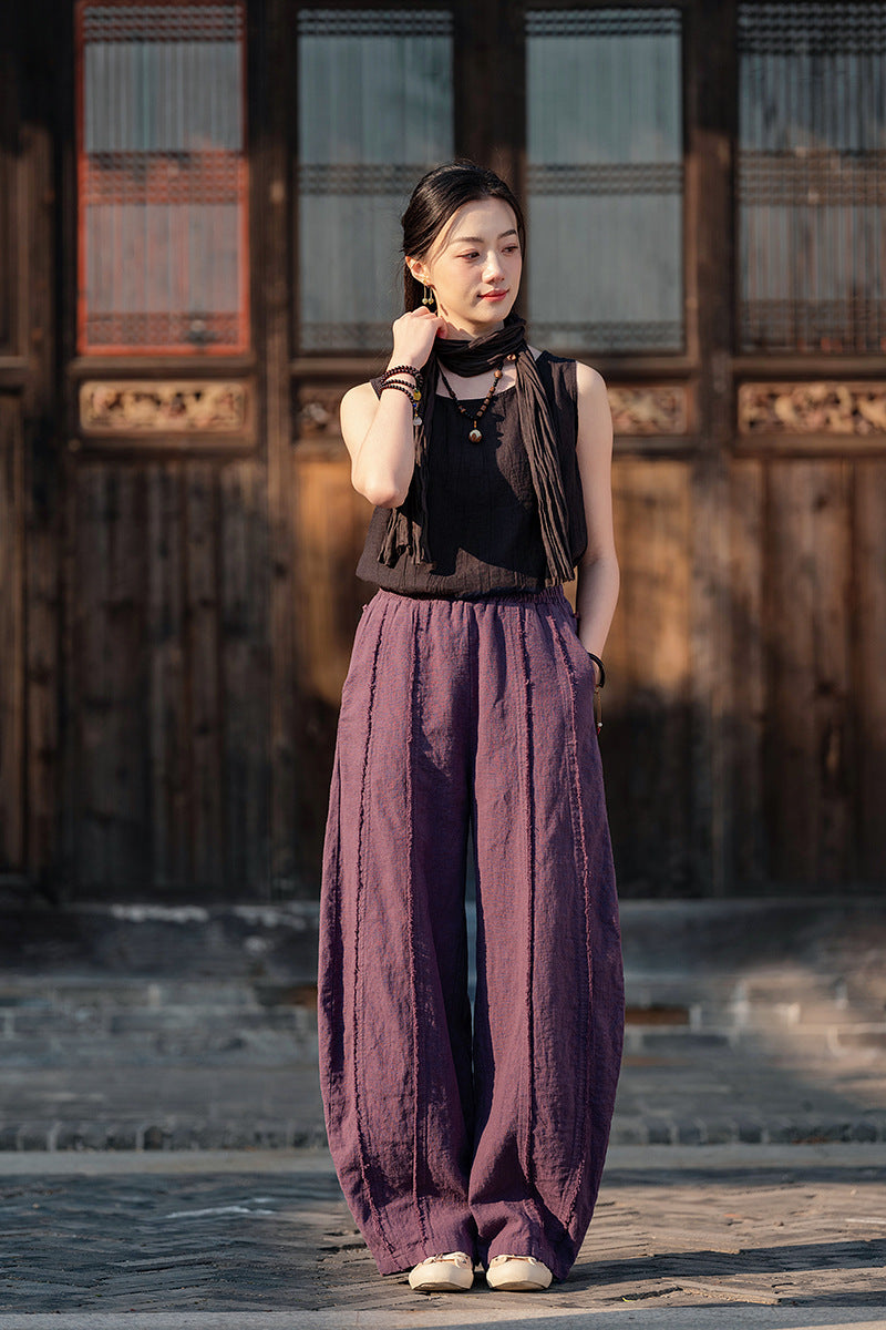 2025 Spring Summer New Linen Women Pants, Ramie Blend Brushed Wide-Leg Lantern Pants, Boho Retro Loose Culottes