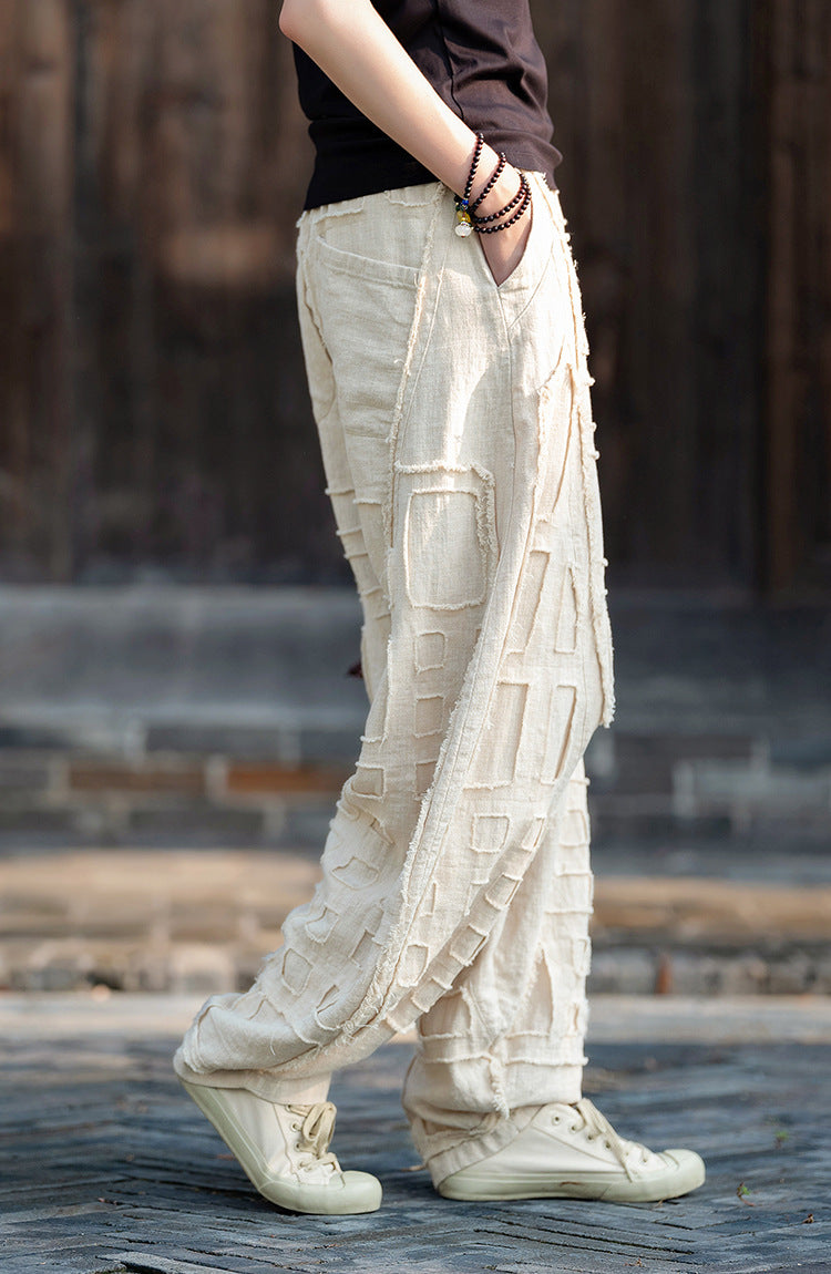 2025 Spring/Summer Original Linen Patchwork Natural Frayed Hem Meditation Harem Pants – Unisex Loose Boho Pants
