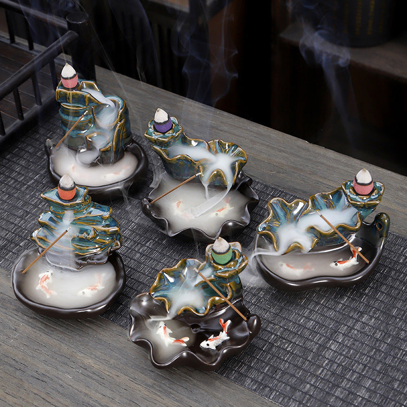 Ceramic Backflow Incense Burner – Handmade Zen Double Fish Design, Reflow Incense Holder for Home Decor, Meditation