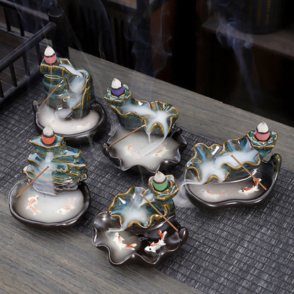 Ceramic Backflow Incense Burner – Handmade Zen Double Fish Design, Reflow Incense Holder for Home Decor, Meditation
