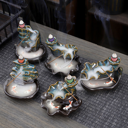 Ceramic Backflow Incense Burner – Handmade Zen Double Fish Design, Reflow Incense Holder for Home Decor, Meditation