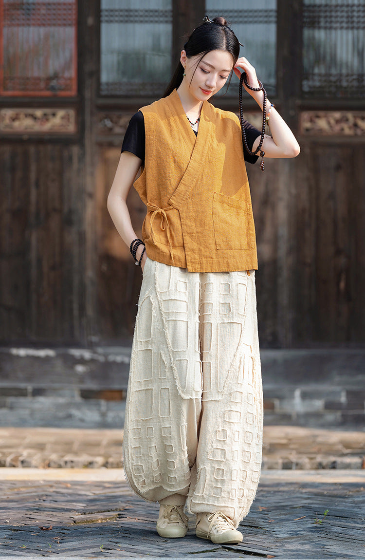 2025 Spring/Summer Original Linen Patchwork Natural Frayed Hem Meditation Harem Pants – Unisex Loose Boho Pants