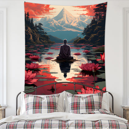 Meditation Bedroom Decor Buddha Shrine Background Digital Printed Peach Skin Tapestry Wall Hanging for Bedroom & Living Room