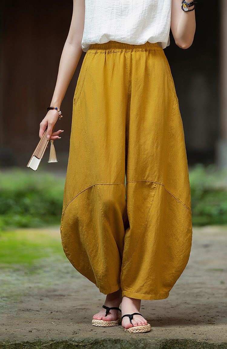 2025 Summer New Retro Zen Casual Pants Women – Linen & Tencel Washed High Waist Wide Leg Culottes for Meditation & Lounge
