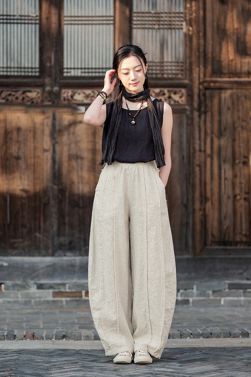 2025 Spring Summer New Linen Women Pants, Ramie Blend Brushed Wide-Leg Lantern Pants, Boho Retro Loose Culottes