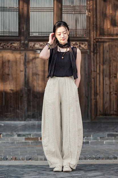 2025 Spring Summer New Linen Women Pants, Ramie Blend Brushed Wide-Leg Lantern Pants, Boho Retro Loose Culottes