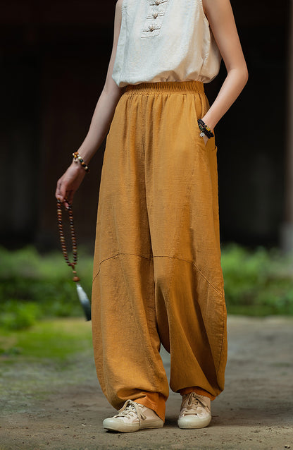 Ramie Sand-Washed Vintage Loose Bohemian Pants Women's Harem Pants – Cotton Linen Meditation Yoga Tai Chi Pants