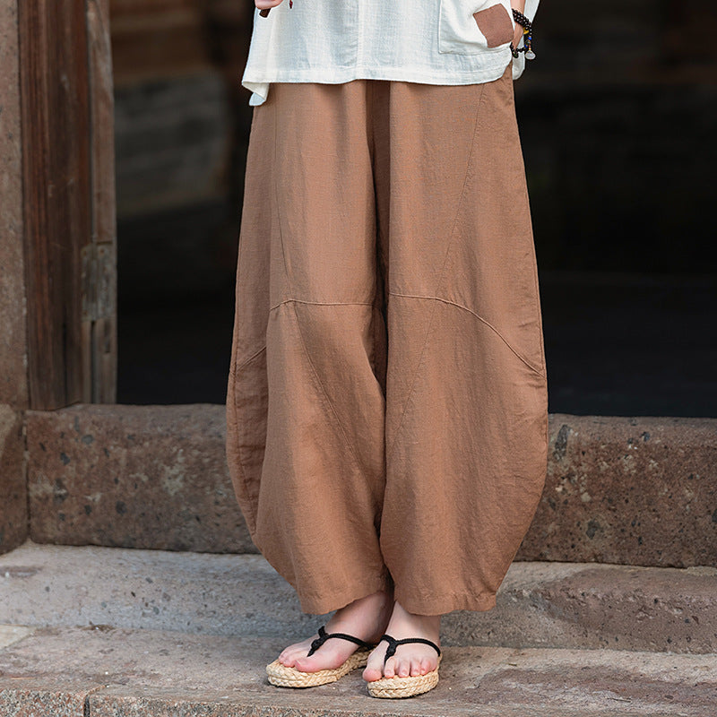 2025 Summer New Retro Zen Casual Pants Women – Linen & Tencel Washed High Waist Wide Leg Culottes for Meditation & Lounge