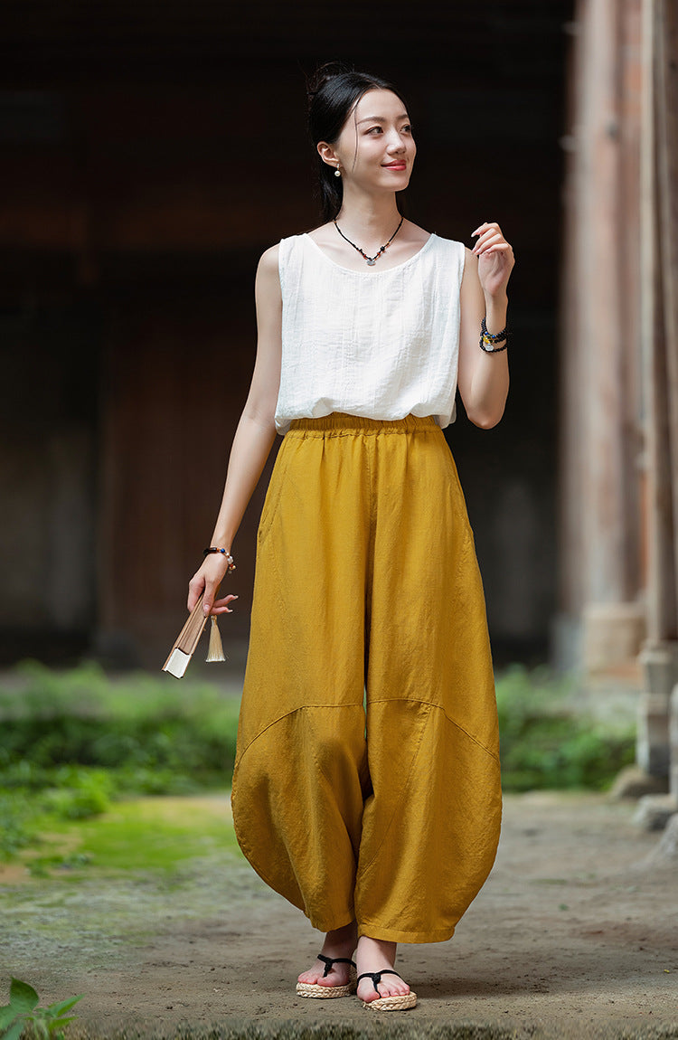 2025 Summer New Retro Zen Casual Pants Women – Linen & Tencel Washed High Waist Wide Leg Culottes for Meditation & Lounge