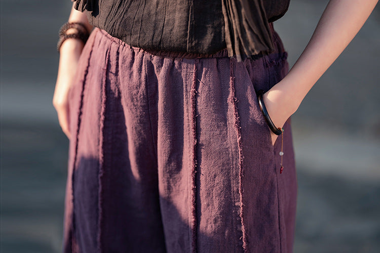 2025 Spring Summer New Linen Women Pants, Ramie Blend Brushed Wide-Leg Lantern Pants, Boho Retro Loose Culottes