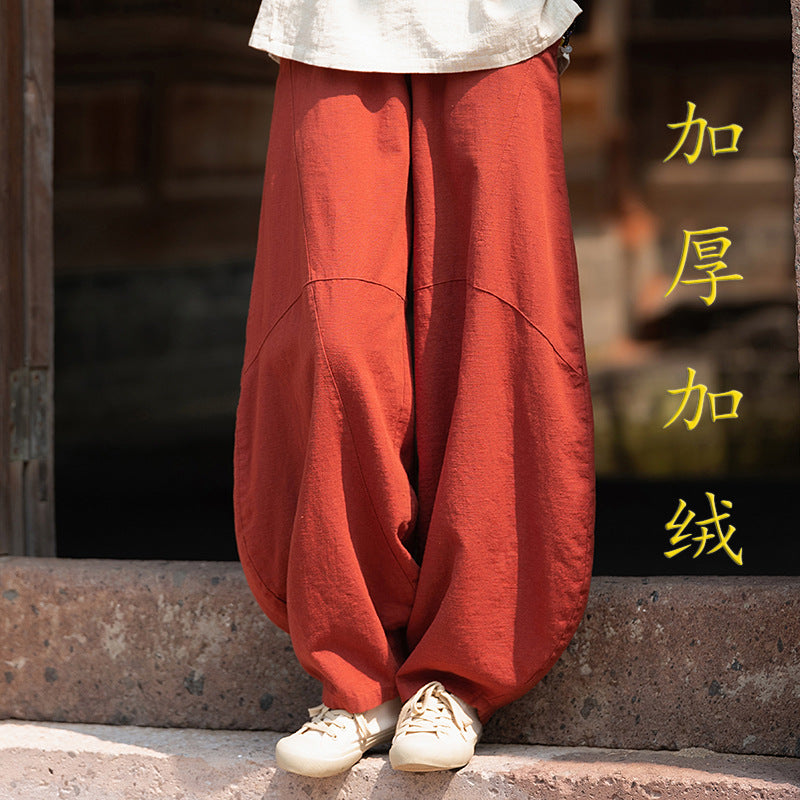 Ramie Sand-Washed Vintage Loose Bohemian Pants Women's Harem Pants – Cotton Linen Meditation Yoga Tai Chi Pants