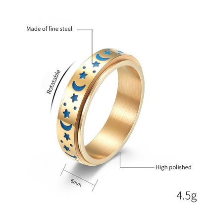 Star Moon Titanium Steel Rotatable Glow in the Dark Ring for Stress Relief Anxiety Reduction Unisex Meditation Ring