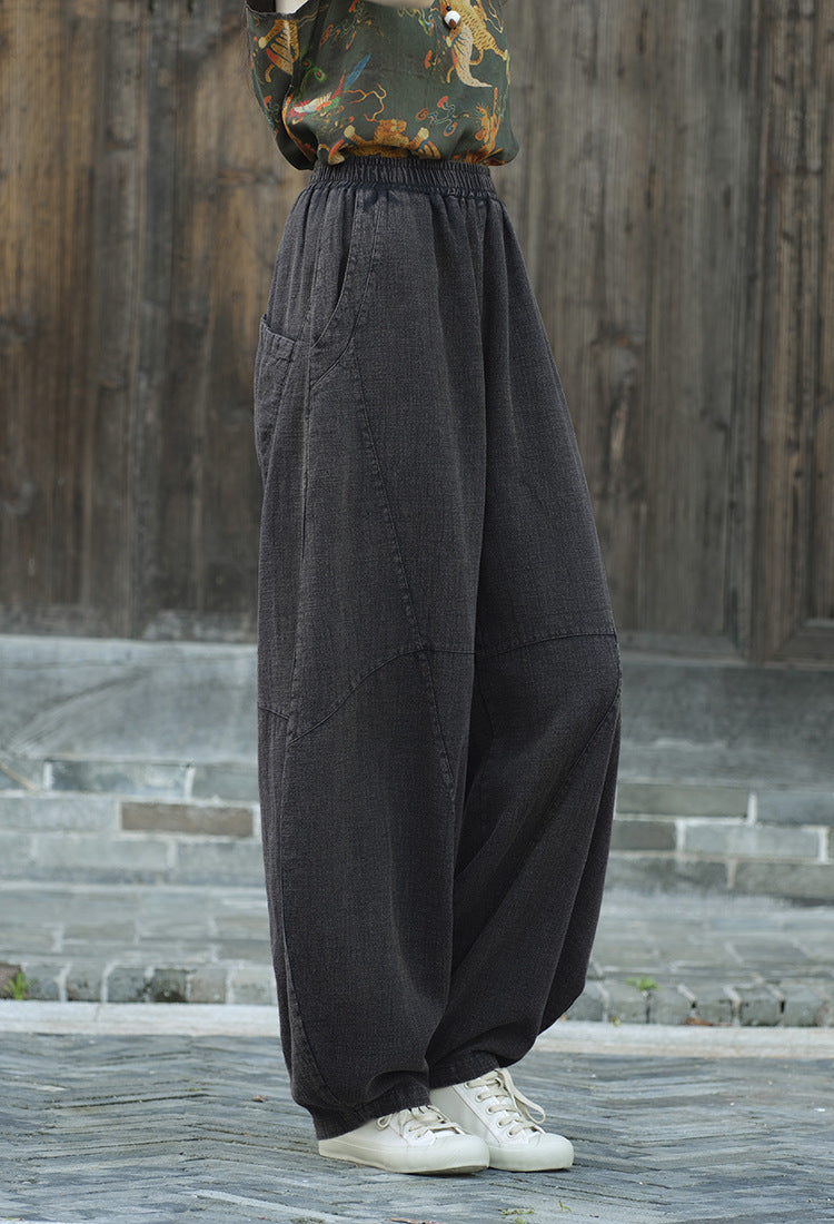 Ramie Sand-Washed Vintage Loose Bohemian Pants Women's Harem Pants – Cotton Linen Meditation Yoga Tai Chi Pants