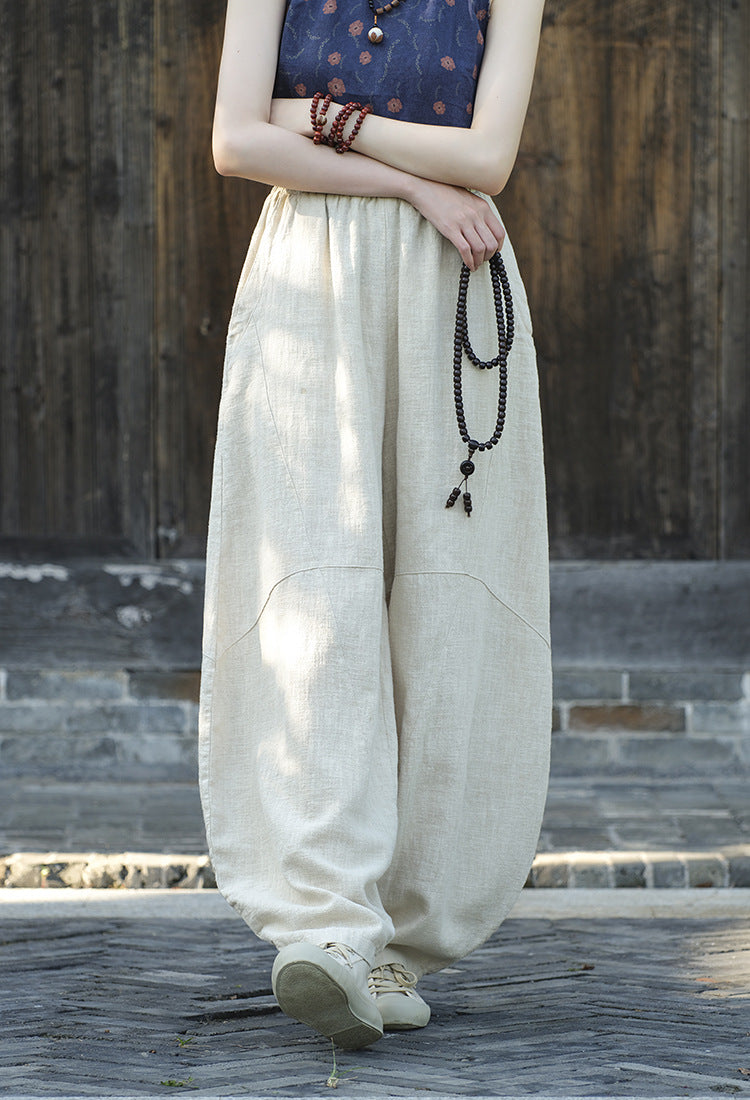 Ramie Sand-Washed Vintage Loose Bohemian Pants Women's Harem Pants – Cotton Linen Meditation Yoga Tai Chi Pants