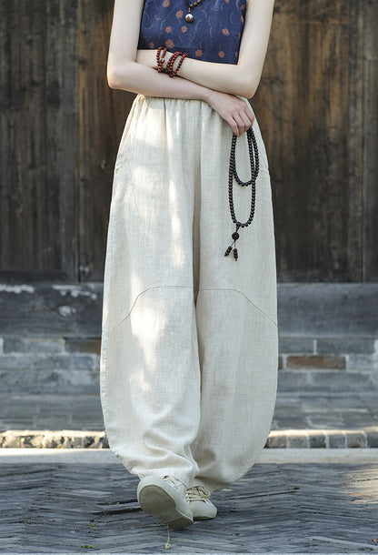 Ramie Sand-Washed Vintage Loose Bohemian Pants Women's Harem Pants – Cotton Linen Meditation Yoga Tai Chi Pants