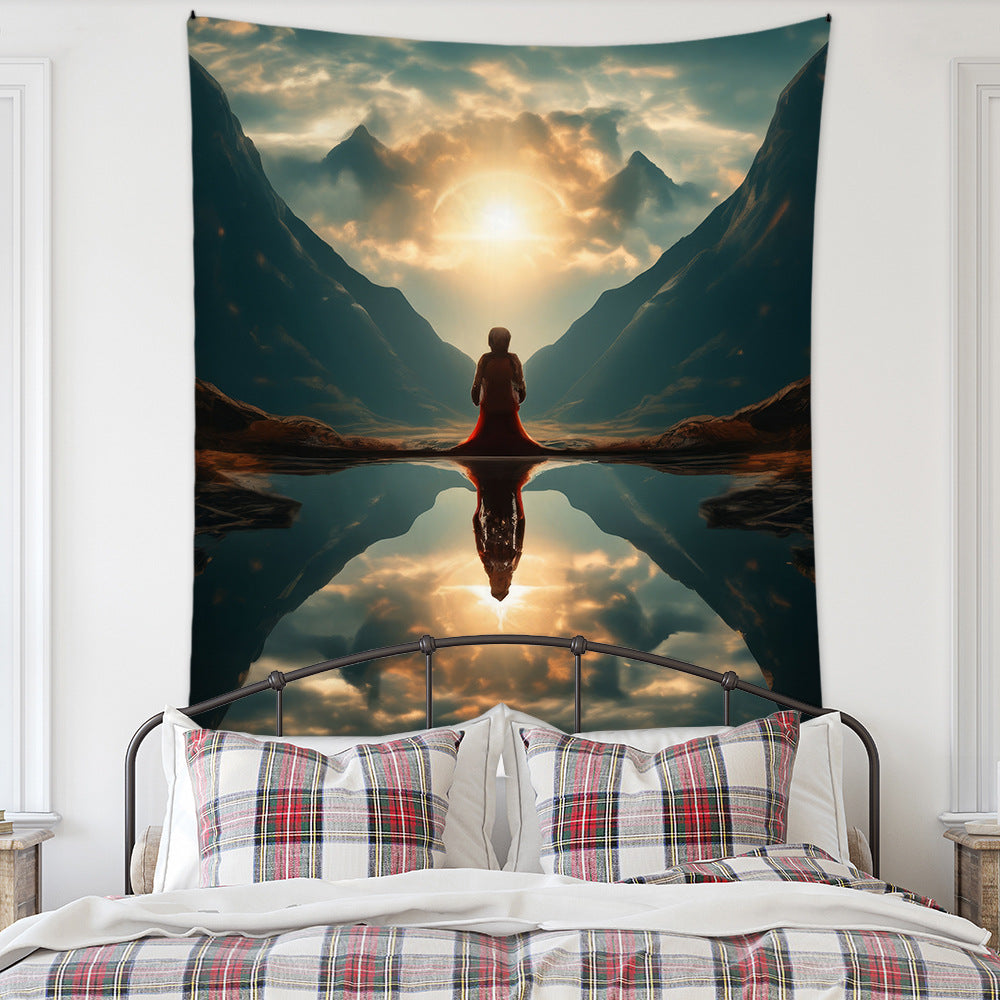 Meditation Bedroom Decor Buddha Shrine Background Digital Printed Peach Skin Tapestry Wall Hanging for Bedroom & Living Room