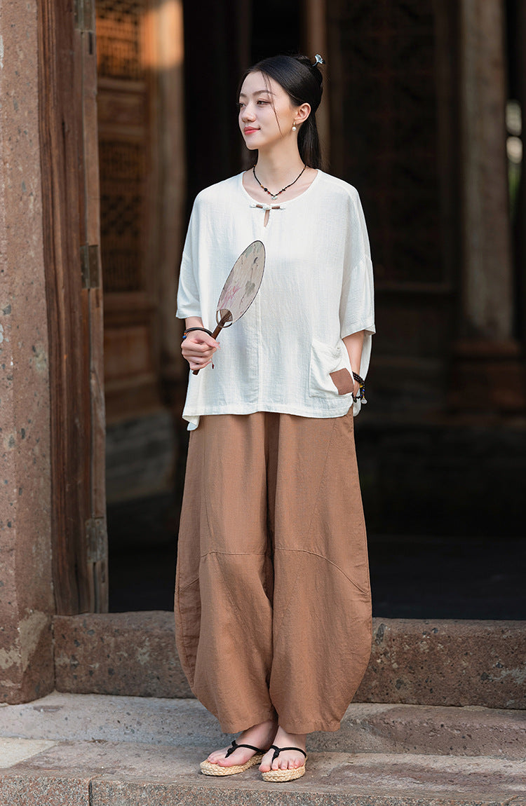 2025 Summer New Retro Zen Casual Pants Women – Linen & Tencel Washed High Waist Wide Leg Culottes for Meditation & Lounge