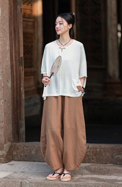 2025 Summer New Retro Zen Casual Pants Women – Linen & Tencel Washed High Waist Wide Leg Culottes for Meditation & Lounge
